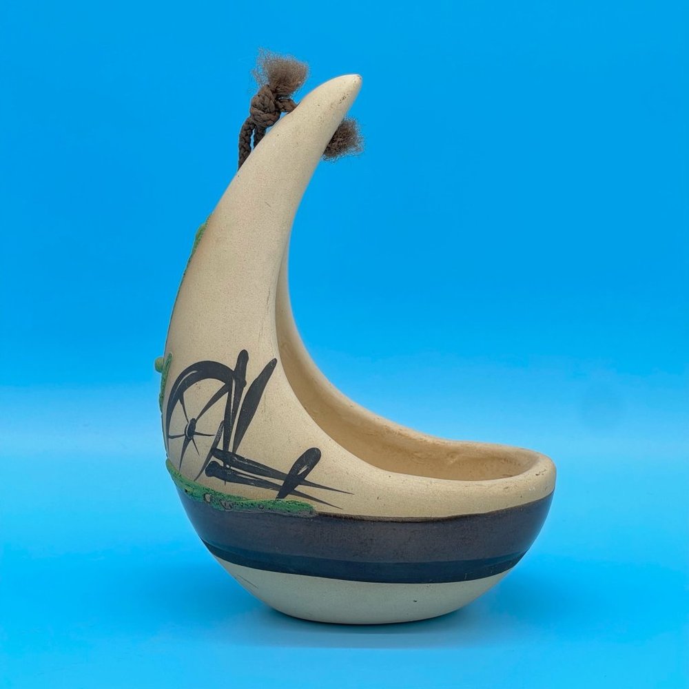 Vintage Betty Selby Signed Pottery Hanging Planter Bird Feeder Navajo Half Moon